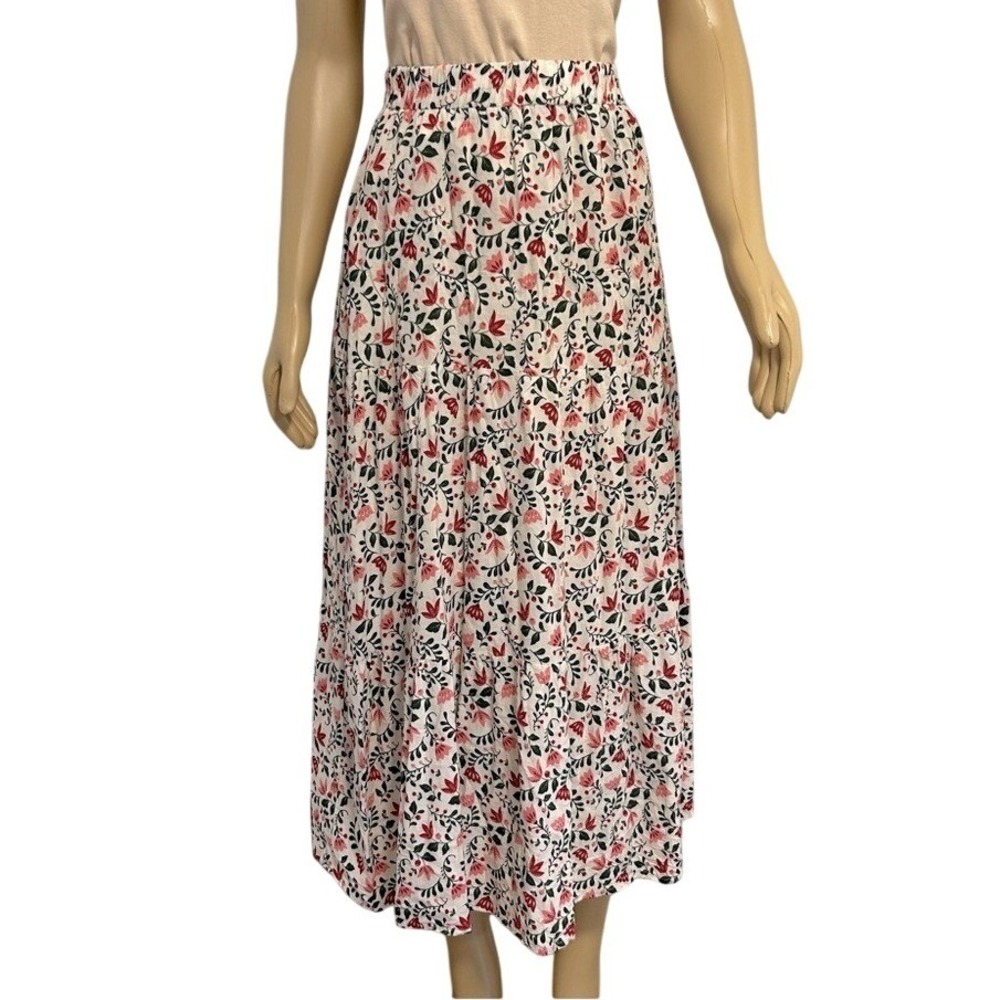 Shosho Womens Floral Tiered Midi Skirt Elastic Waist Cream Pink 23SK10-5187 M/L